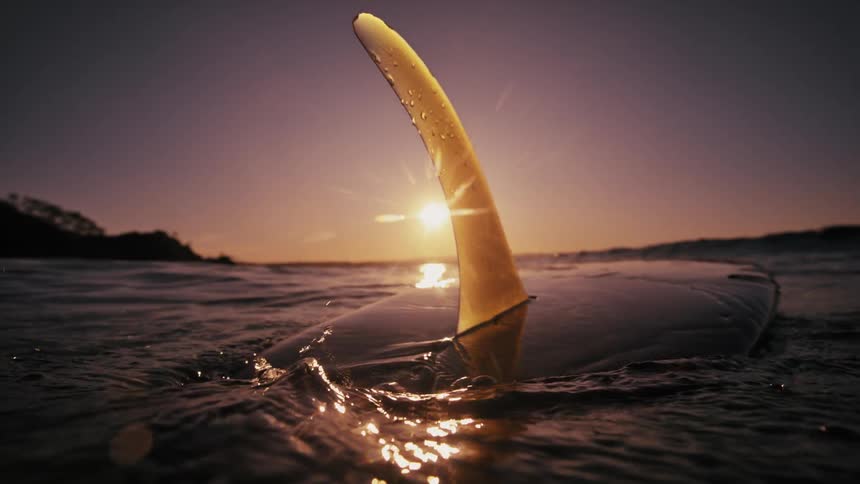 Surfboard with the keel up floating in the ocean and the sun on the horizon