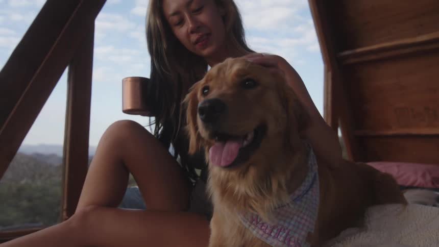 Woman next to a golden retriever petting him while they are in a loft in the middle of hills