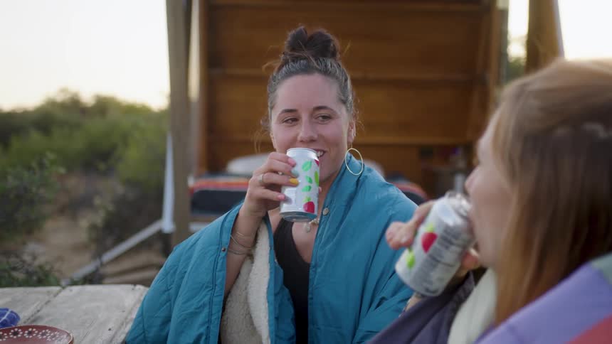 Two cheerful friends toasting two cans of juice while being in a natural setting