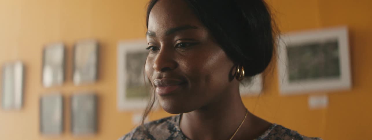 Close up of a womans face with a happy facial expression