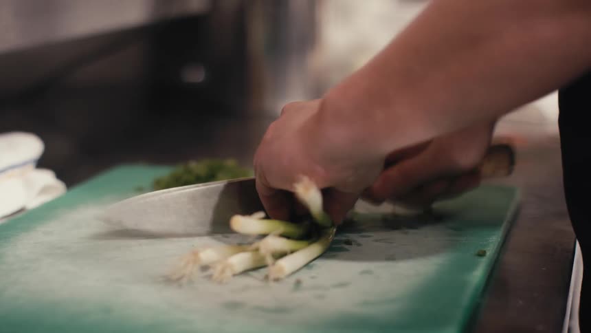 A clip of a persons hands chopping vegetables
