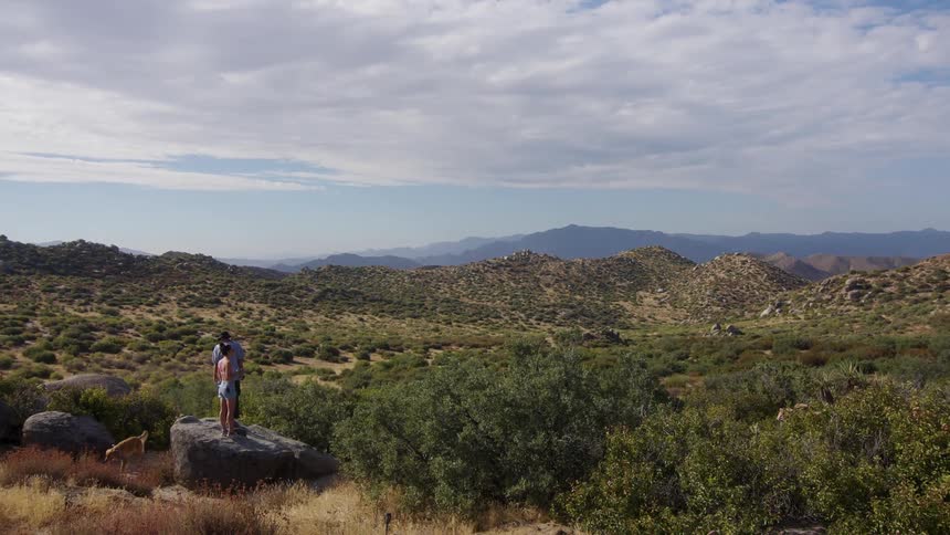 Couple on top of a rock with a dog next to them in a vast field with hills and mountains