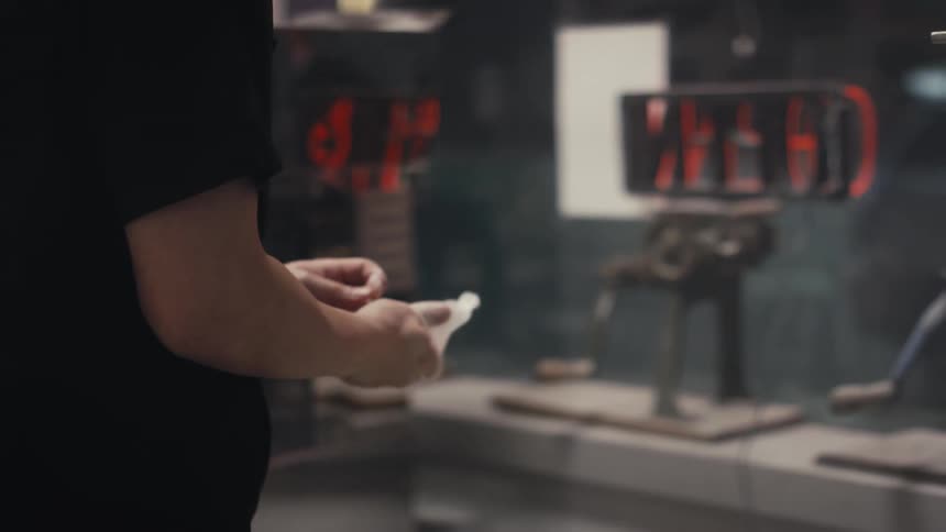 A person is putting white gloves on his hands while walking forward in an indoor environment