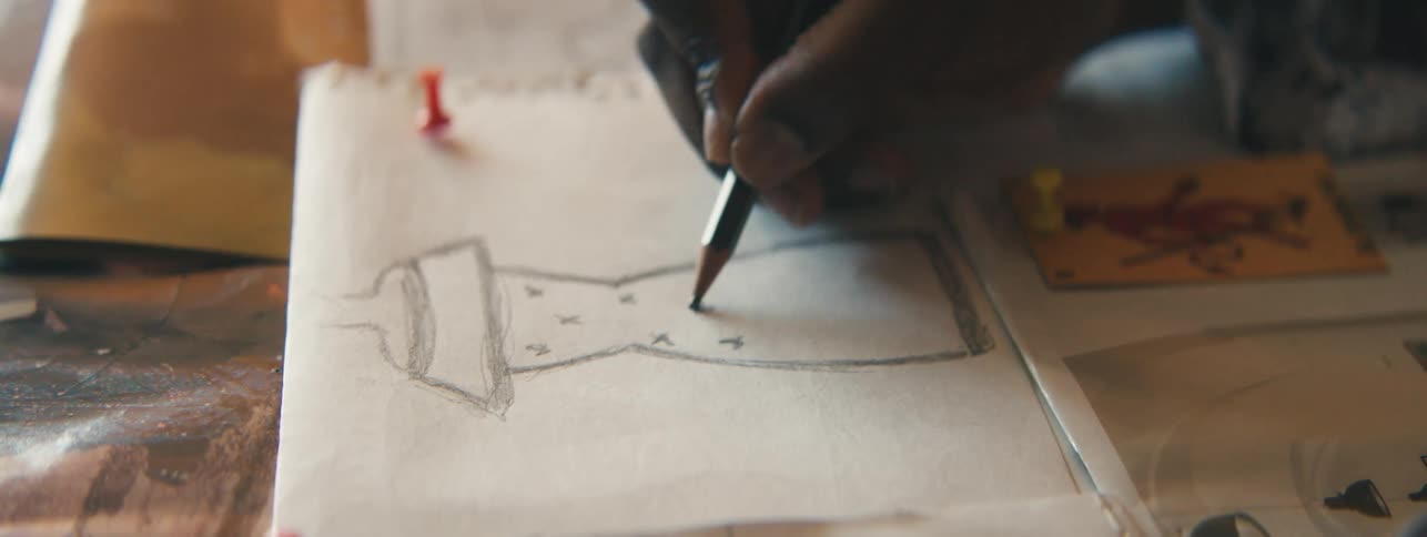 Female hand holding a pencil and drawing on a white sheet a dress