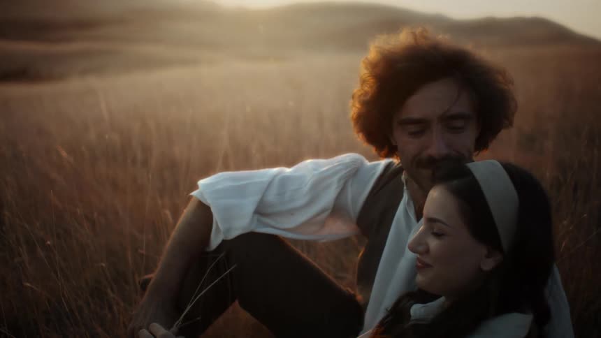 A young couple sitting in a field of tall grass during sunset