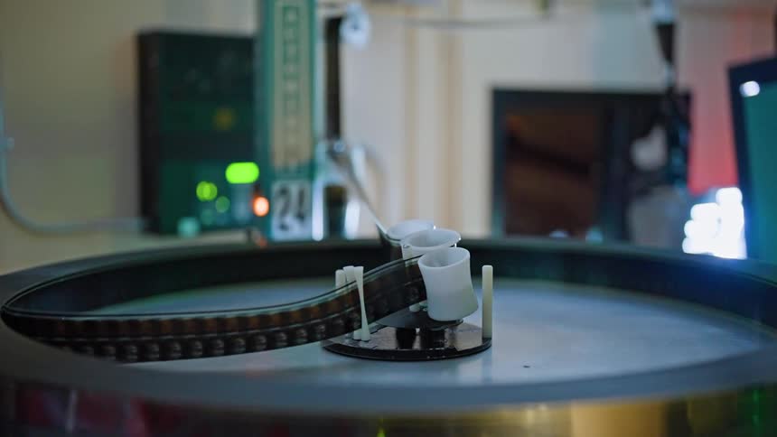 Closeup of a film tape running through a retro machine