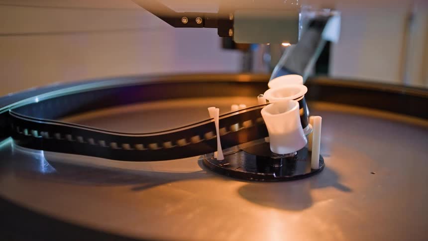 A closeup of a film reel being processed by a machine