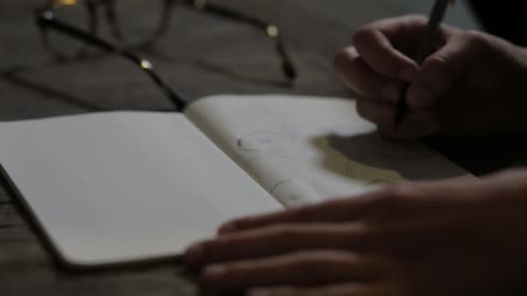 Someone sketching in a notebook while their glasses rest on the table next to them