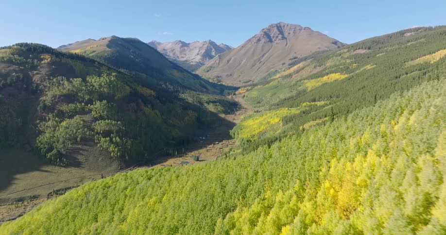 Aerial of a deciduous forest in a mountain range on a sunny autumn day