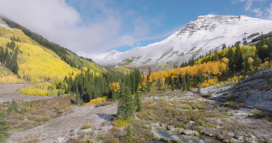 A picturesque alpine valley with snowcapped mountains vibrant yellow aspen trees and a winding trail leading through a field partially covered in snow
