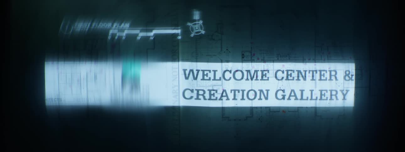 A blueprint displayed on a screen fades to reveal text that reads welcome center creation gallery