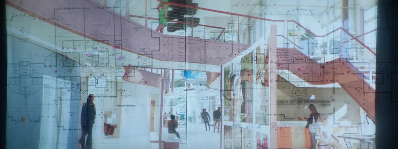 Montage of blueprints overlaid on the office spaces built from them