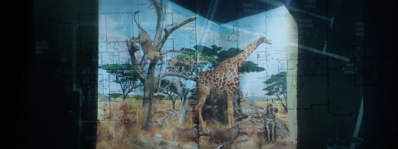 A blueprint overlaying a mural of african savanna animals