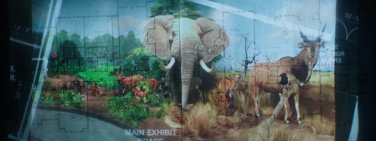 A blueprint is superimposed over a painting of animals