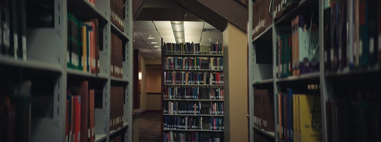 Fluorescent lights illuminate an empty library