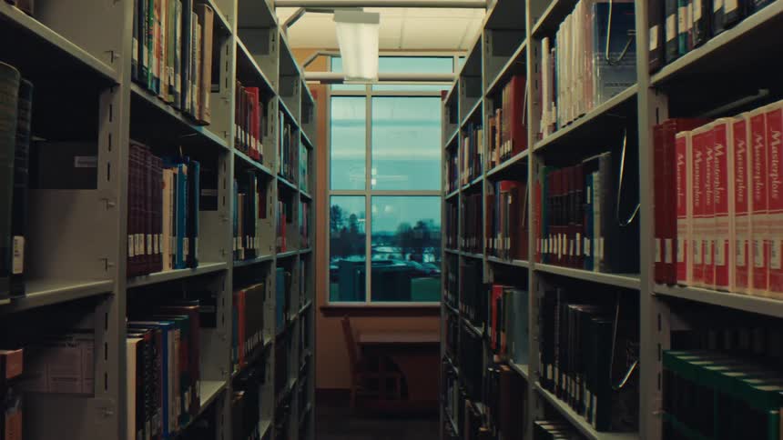 A library aisle with bookshelves on both sides and a window at the end