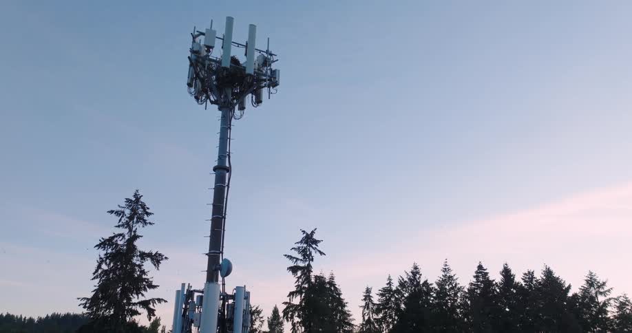 Low angle approach towards a data transmission tower surrounded with the silhouette of trees in the background