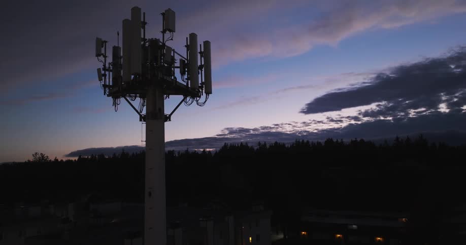 Silhouette of a new cellular data tower against the soft light of a painted sky