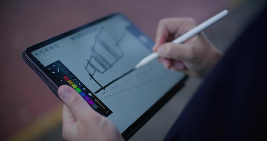 Artist drawing on a tablet in front of a yellow curb