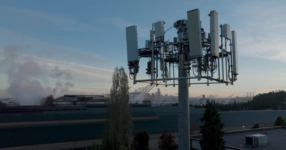 A cell tower works along the industrial area of a large city