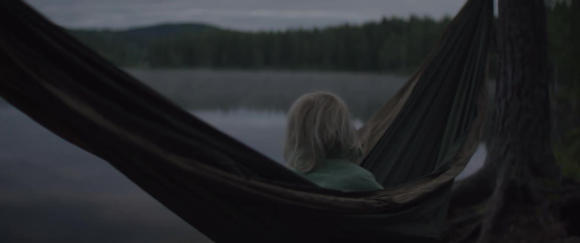 Blonde child sitting in a hammock by a lake