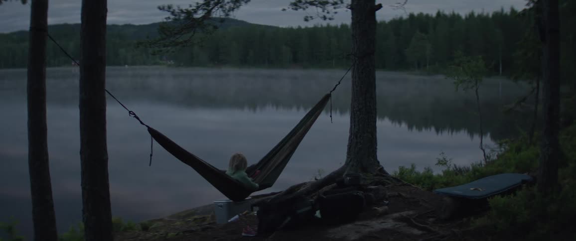 A little child is in a hammock strung between two trees next to a lake
