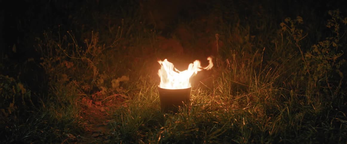 A fire burns brightly in a metal trash can surrounded by tall grass and shrubs at night