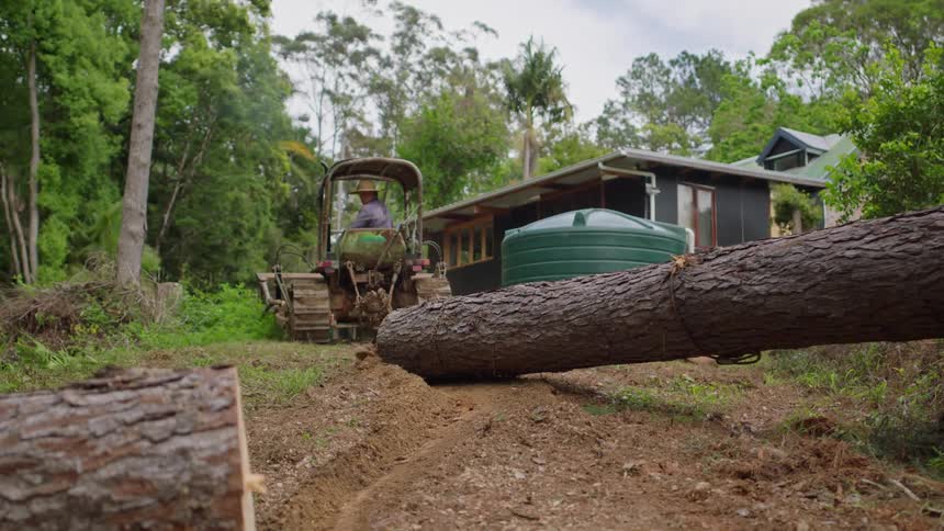 A man operates a tractor pulling a large log