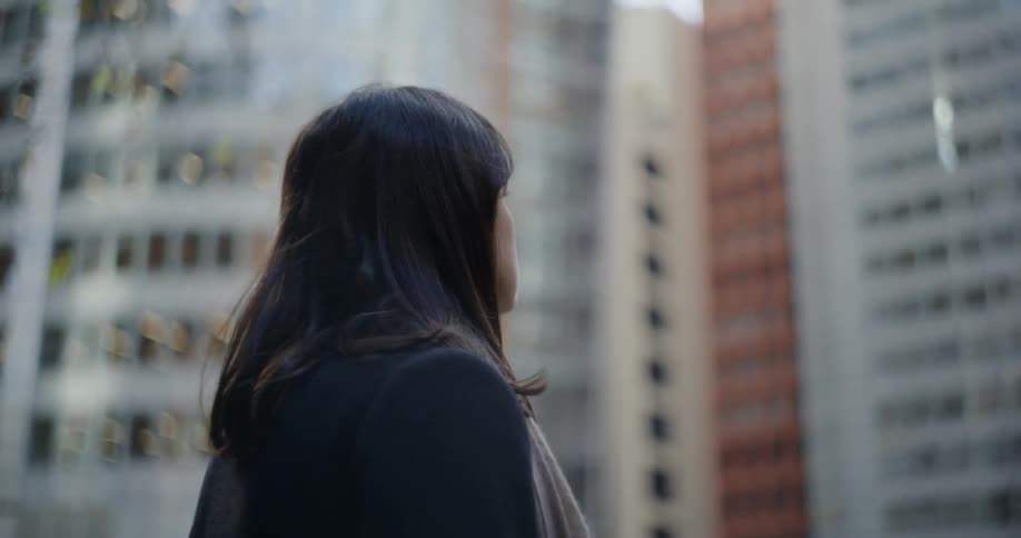 Blackhaired woman seen from behind enjoying the view of a metropolis during the day