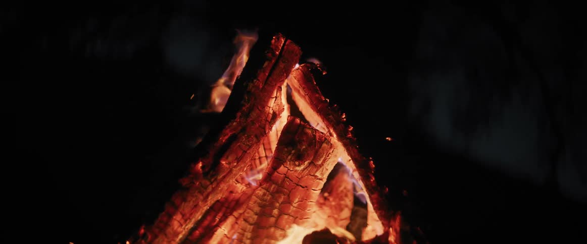 A blazing campfire illuminates the darkness with dancing flames