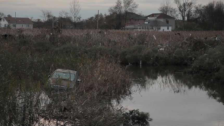 A rusty car sunk in a pool of water