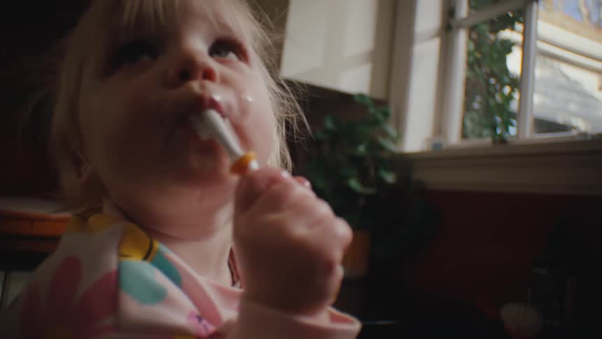 A female toddler sucks on a toothbrush while turning her head and staring
