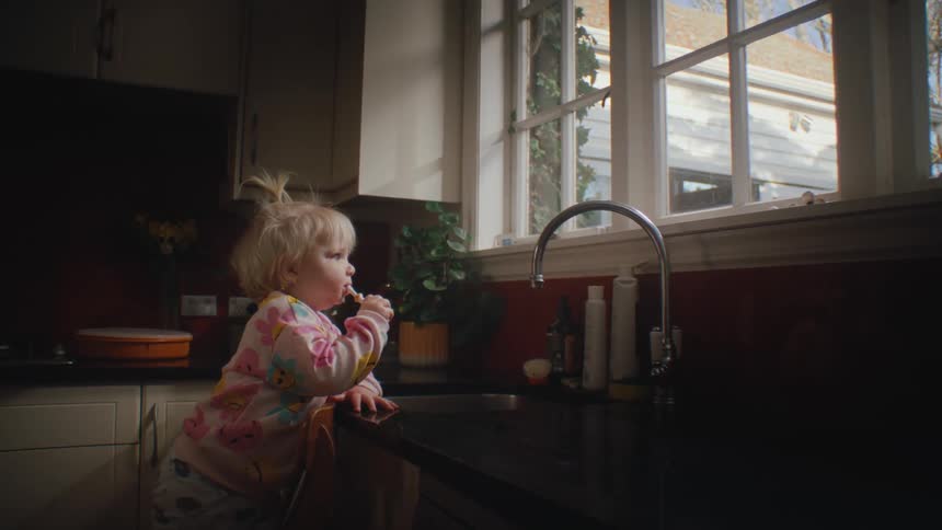 A young child standing on a chair in a kitchen reaching towards the sink