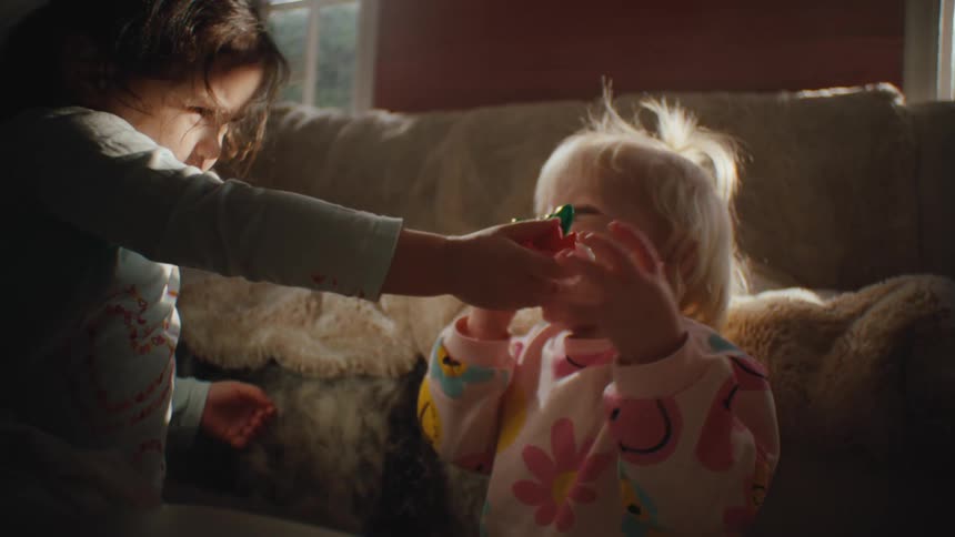 Two small children in the living room playing with each other