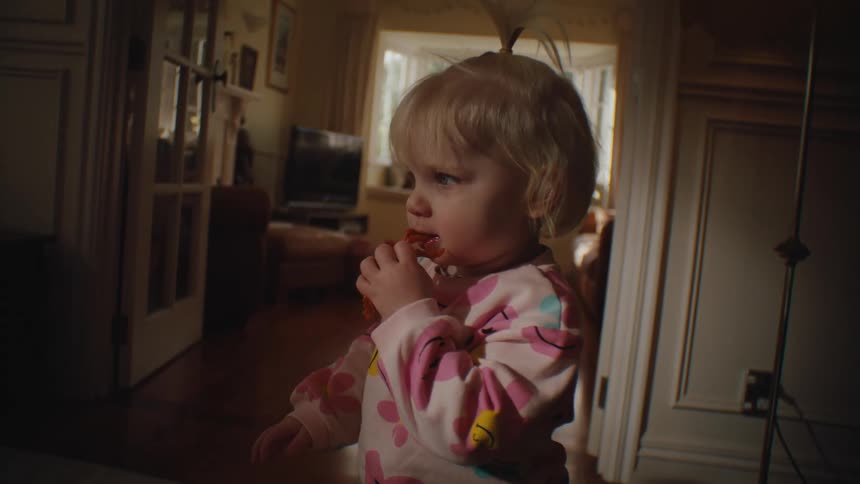 Brother and sister playing with toys in a dimly lit living room