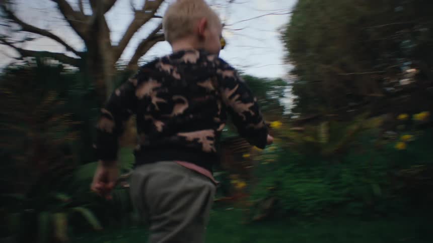 Children and toddlers run and play on the lush green lawn in the backyard