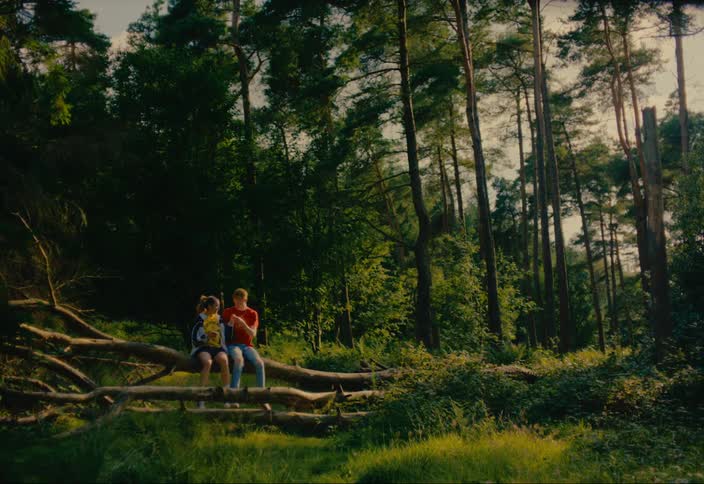 Loving couple sitting on a tree trunk in the forest