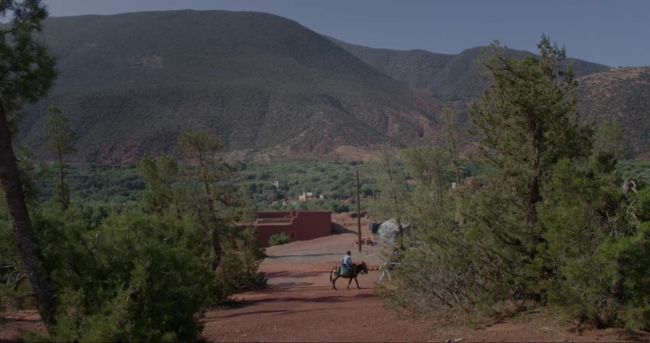 People riding horses in an arid region with mountains in the background
