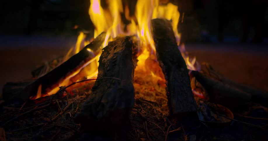 Close up of a burning bonfire at night