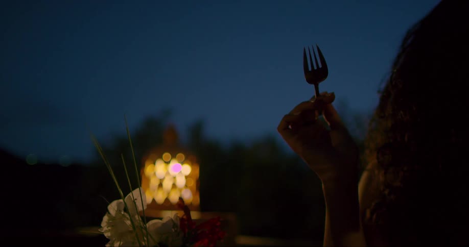 Silhouette of a woman holding a fork in a restaurant at night