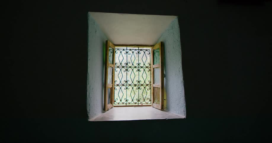 A window has open brown shutters in a darkened room