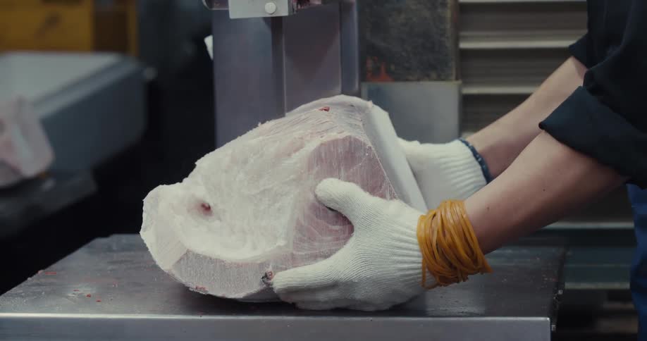 A person in gloves is cutting a large piece of meat with a meat saw