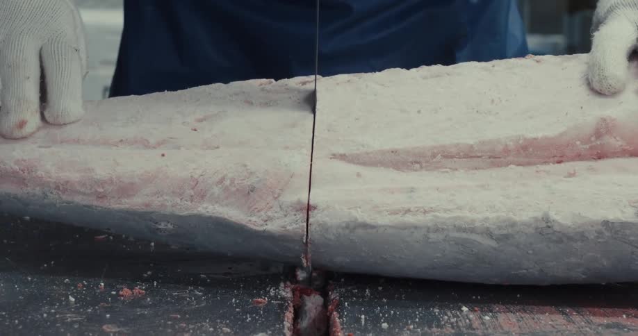Piece of frozen tuna being cut in a machine