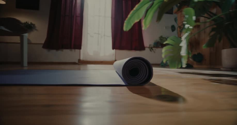 Hands pushing a roll of gym mat on a hardwood floor