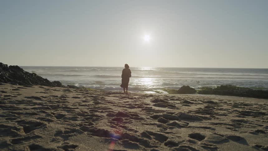 Silhouette of a solitary woman standing on a sandy beach at sunset