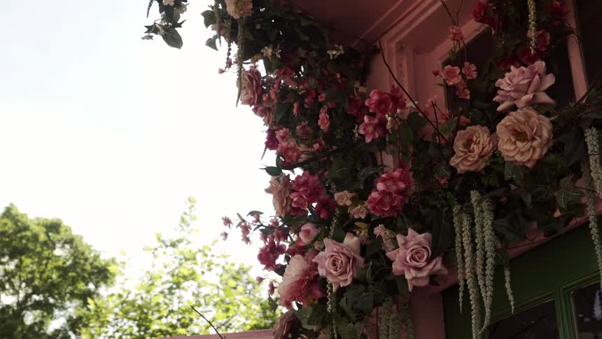 A window on the outside of a house decorated with a profusion of pink roses and other flowers