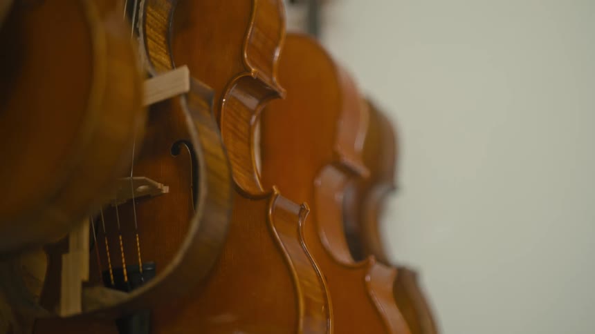 Close up of wooden violins
