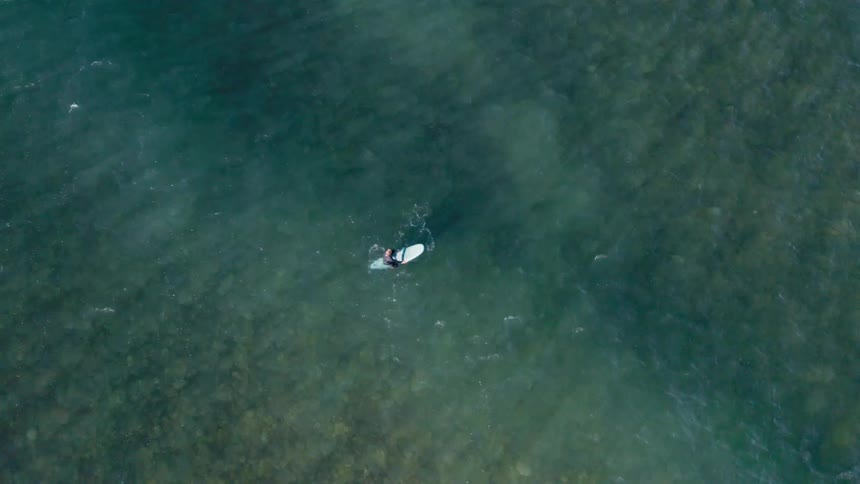 A surfer is paddling on their board
