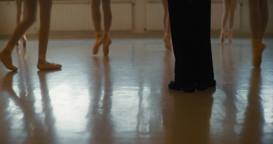 Legs of an adult person watching ballerinas dance