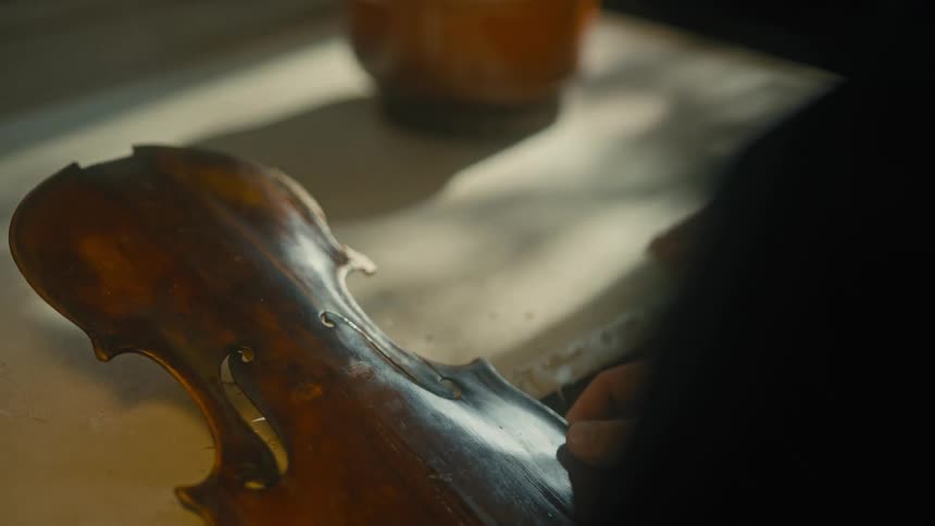 Two instrument makers consult over the front panel of a string instrument while in the studio